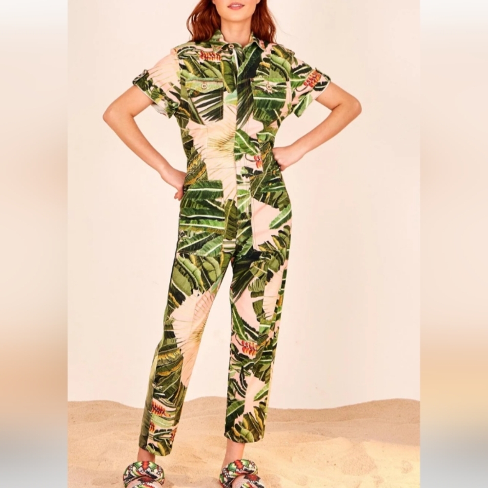 FARM Rio Amazonia Forest Utility Jumpsuit, Multi Tropical Leaf Size XL Women's